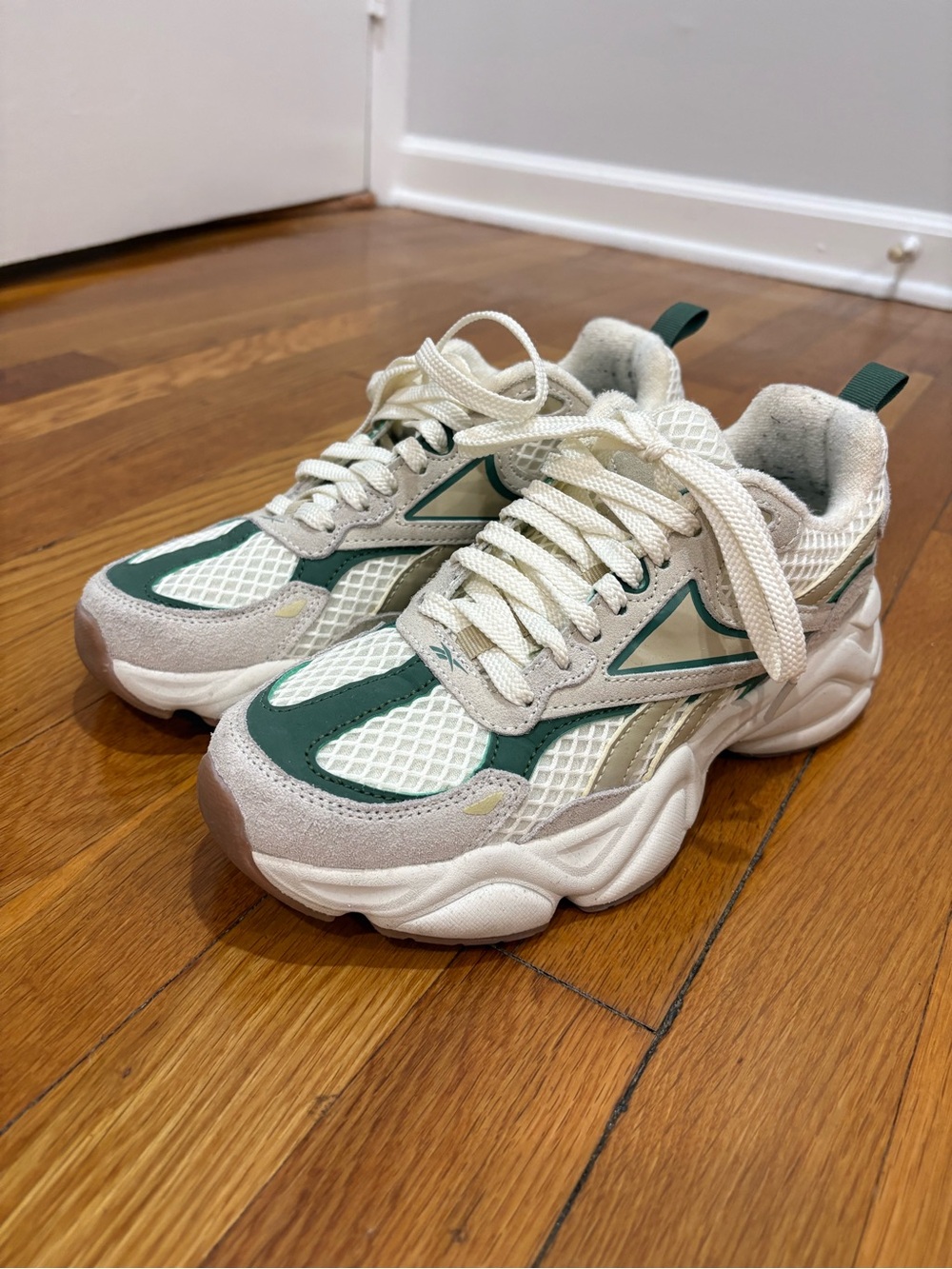 Reebok White and Green Chunky Sneakers